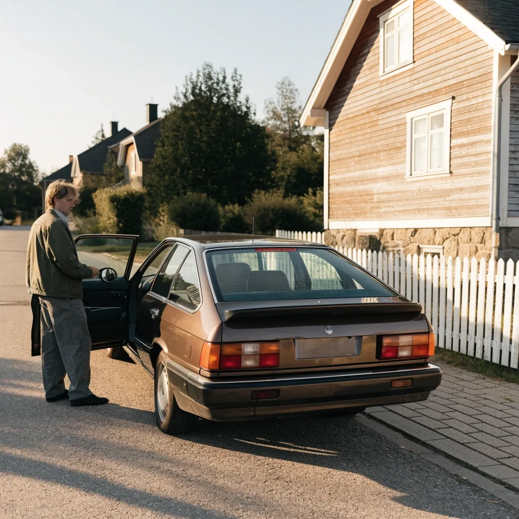 Rekisteröity henkilöauto pysäköitynä asuinkadulla omistajan vieressä