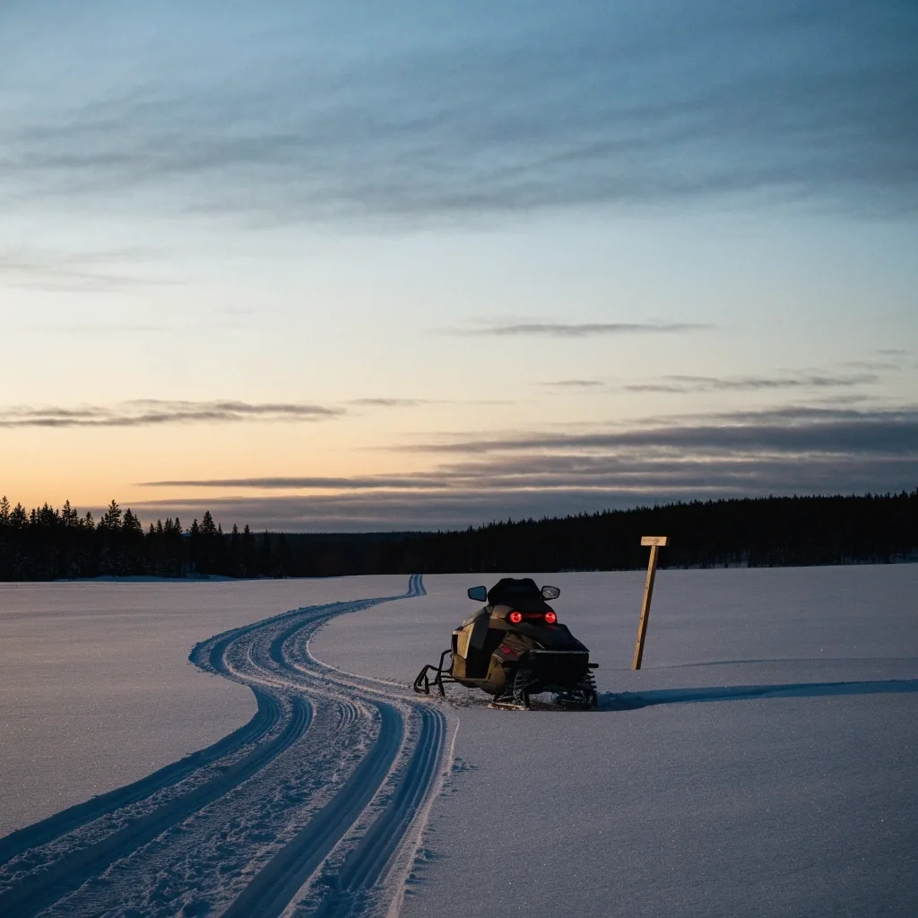 Lumipelto ja ajourat kohti metsänreunaa Lapissa