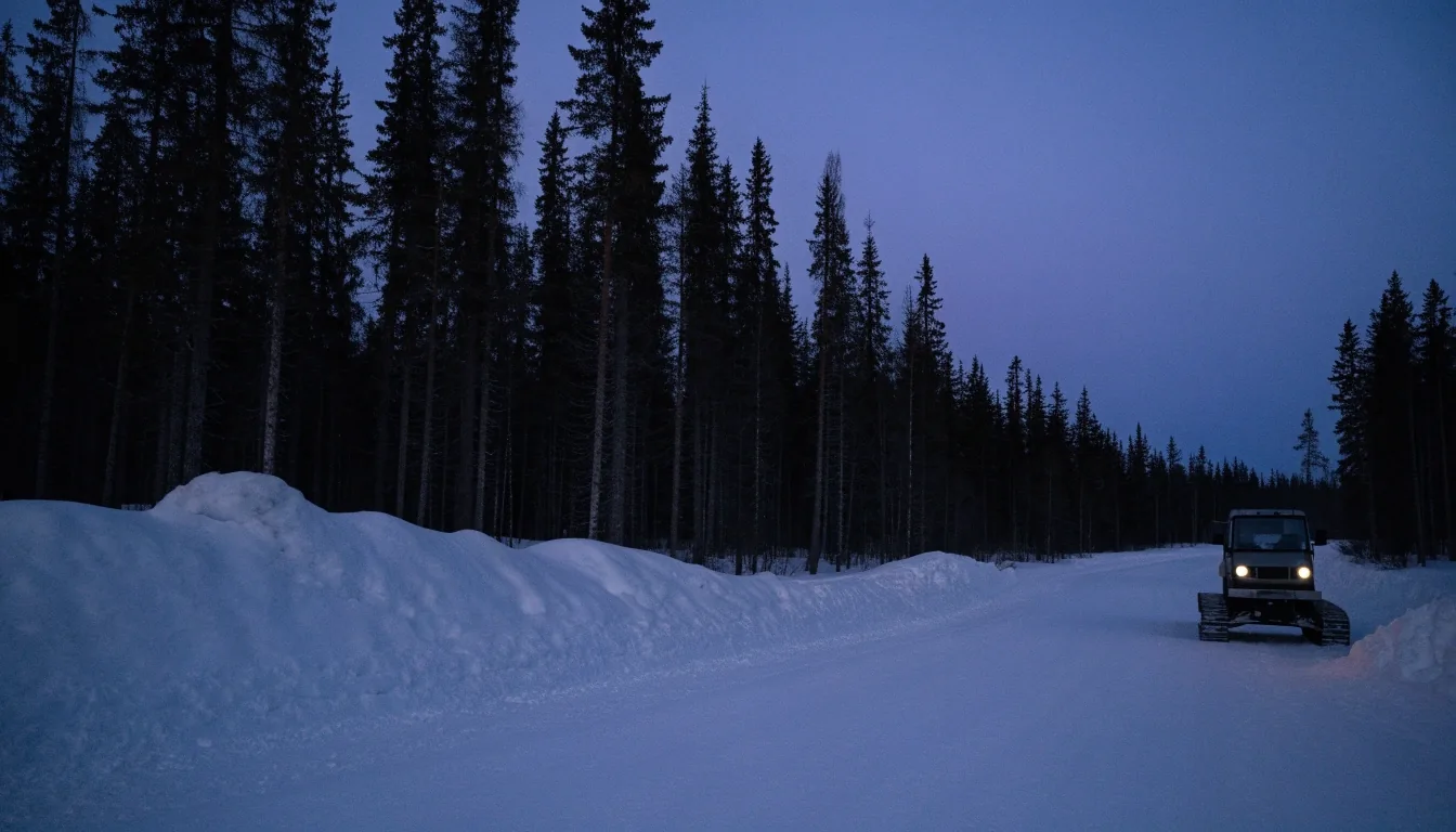 Moottorikelkkareitin ulkopuolinen maasto ja työajoneuvo pohjoisessa metsässä hämärässä