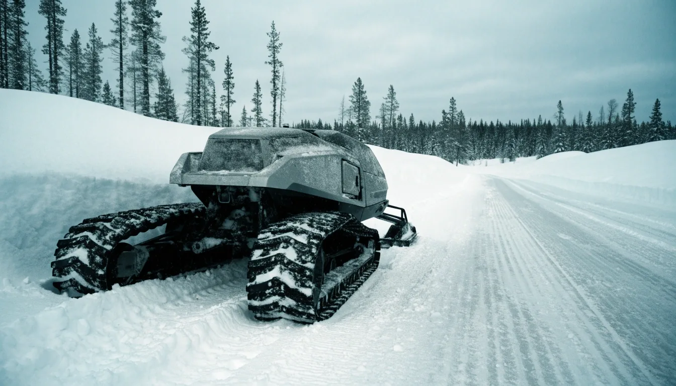 Raskas telavetinen moottorikelkka reitin reunalla lumisessa metsässä