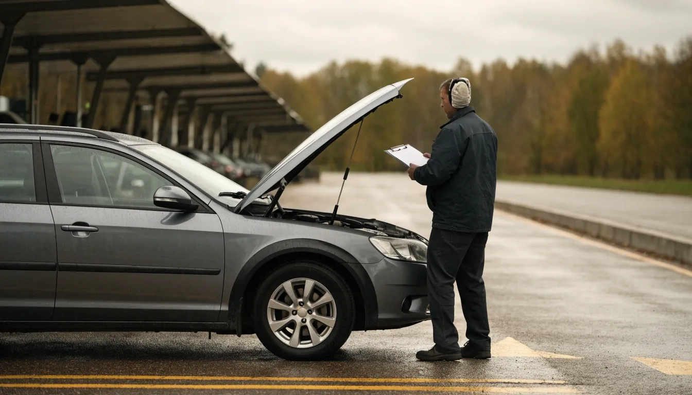 Katsastusaseman tarkastuslinja, jossa henkilöauto odottaa rekisteröintikatsastusta