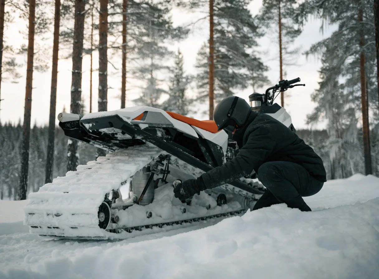 Raskas moottorikelkka lumisella alueella metsän reunassa