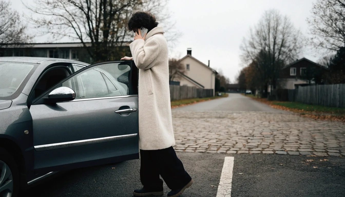Kaksi kättä tarkistaa rekisteritietoja auton vieressä parkkipaikalla