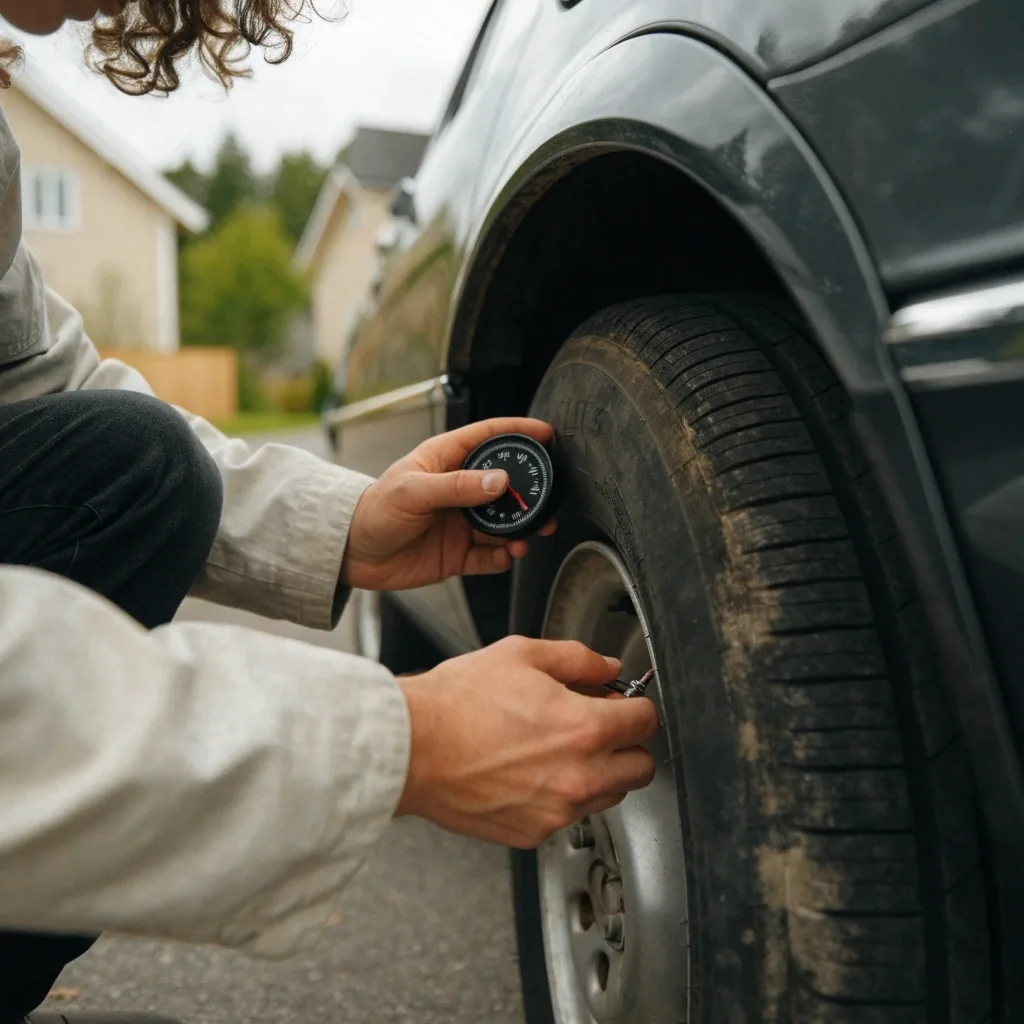 Auton omistaja tarkistaa renkaat ja valmistelee autoa katsastukseen