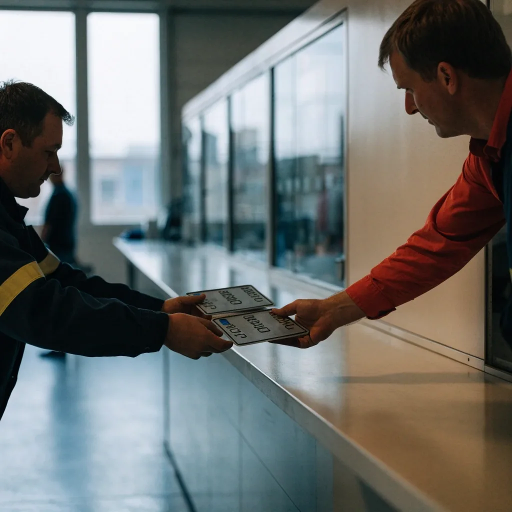 EU-rekisterikilvet katsastusaseman pöydällä kiinnitystarvikkeiden vieressä