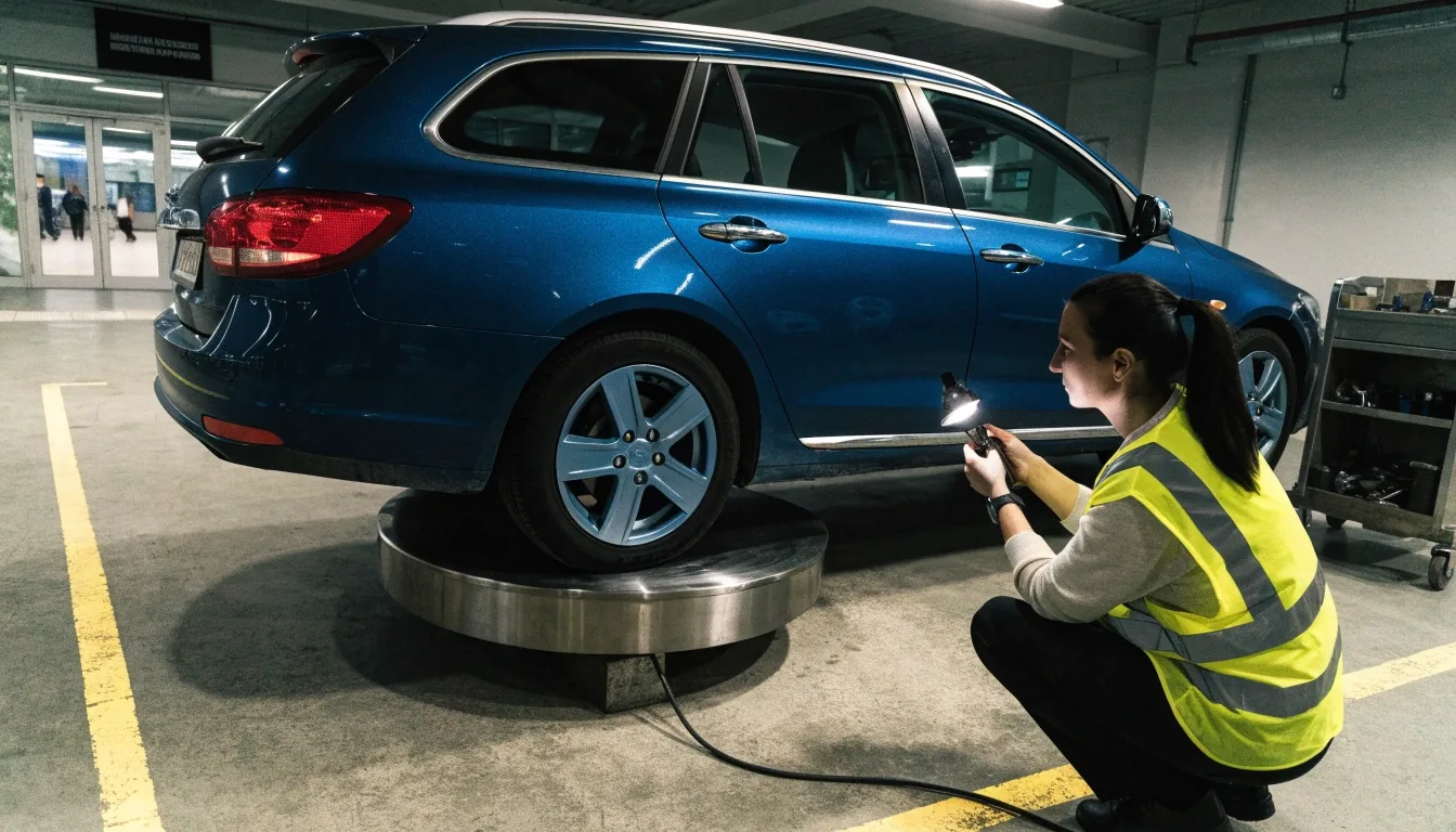 Katsastusaseman piha iltapäivän valossa, auto odottaa tarkastukseen pääsyä