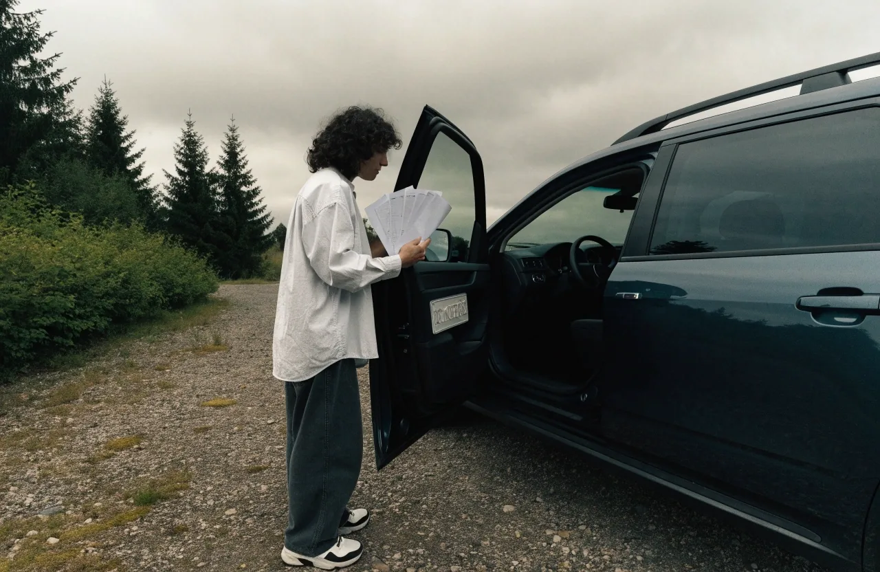 Autoilija tutkii ajoneuvon asiakirjoja autossa istuen