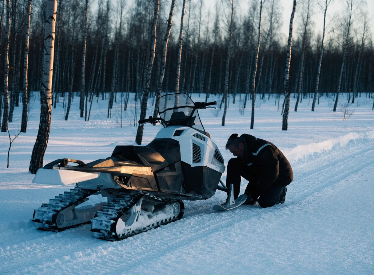 Moottorikelkka lumisen metsäreitin laidalla ja sitä tarkistava henkilö
